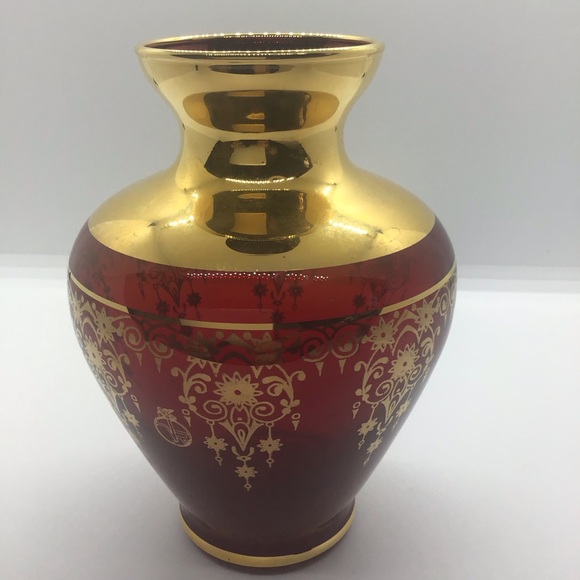 Ruby Red Hand Blown Vecchia Italian Glass Vase W Gold Gilt Design 5” Bohemian - Picture 4 of 9